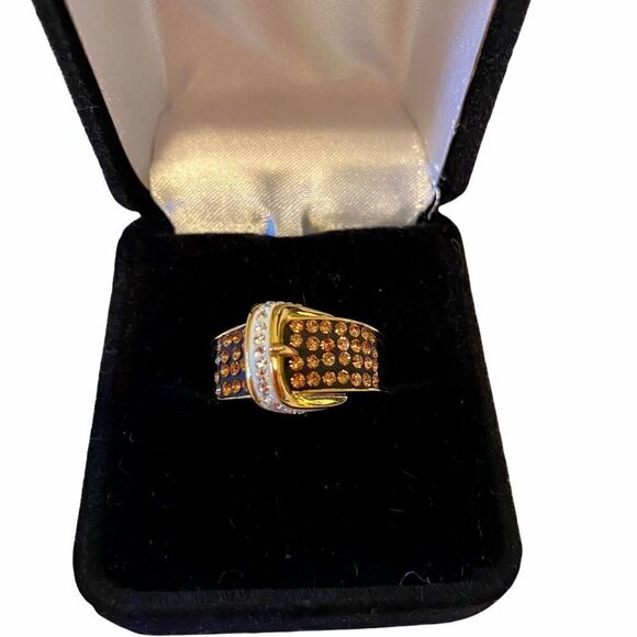 Brown & White Pave Crystal Buckle Ring Sz. 7 - Picture 2 of 5